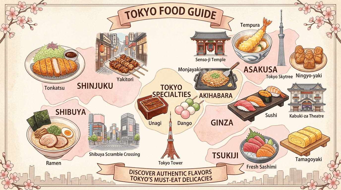 Delicious Japanese dishes like tempura, sushi, ramen, and tamagoyaki showcased in Tokyo’s vibrant ne.
