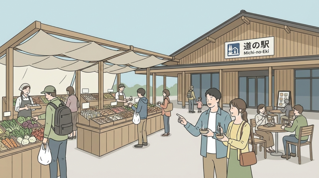 Japanese outdoor market with fresh produce and visitors enjoying local foods.