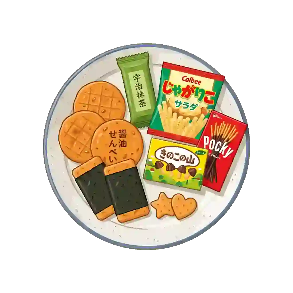 Japanese snacks including senbei rice crackers and popular snack foods