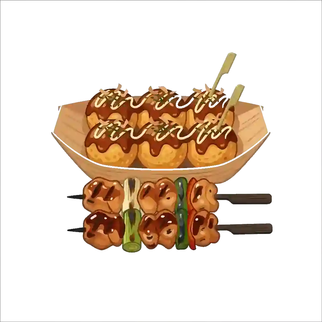 Popular Japanese street food like takoyaki yakitori and festival foods