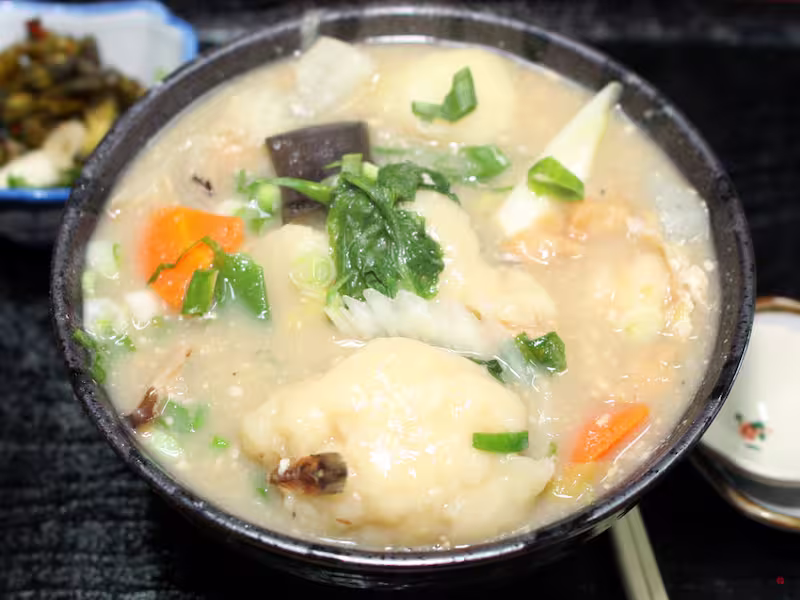 Bowl of Otsuke Dango served at a restaurant near Otsuki Station in Yamanashi