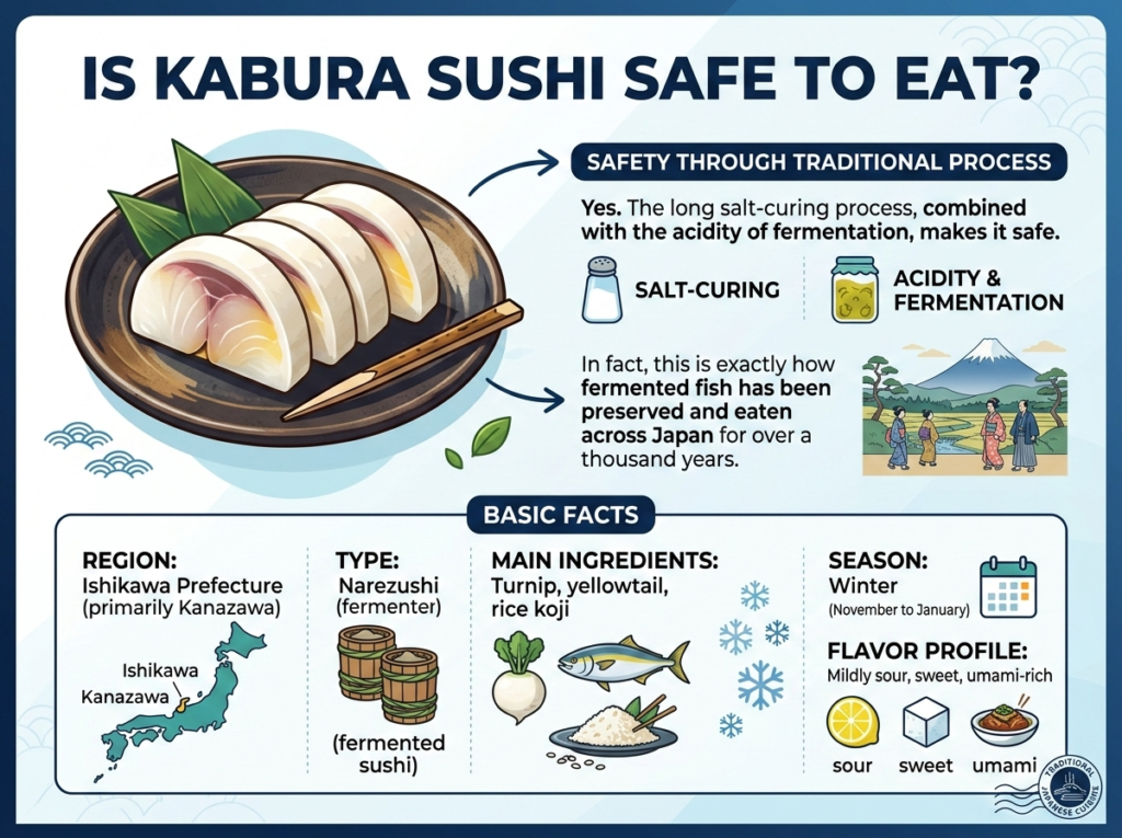 Traditional Kabura Sushi: Fermented turnip sushi with rice and fish, a regional delicacy from Kanaza.
