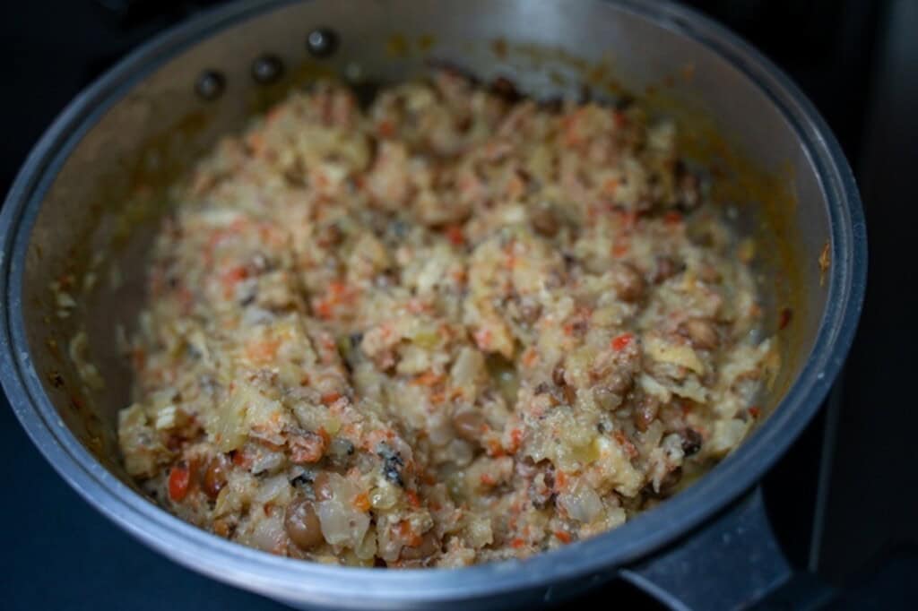 Close-up of Sumitsukare, a Japanese dish with cooked vegetables and meat in a pot.