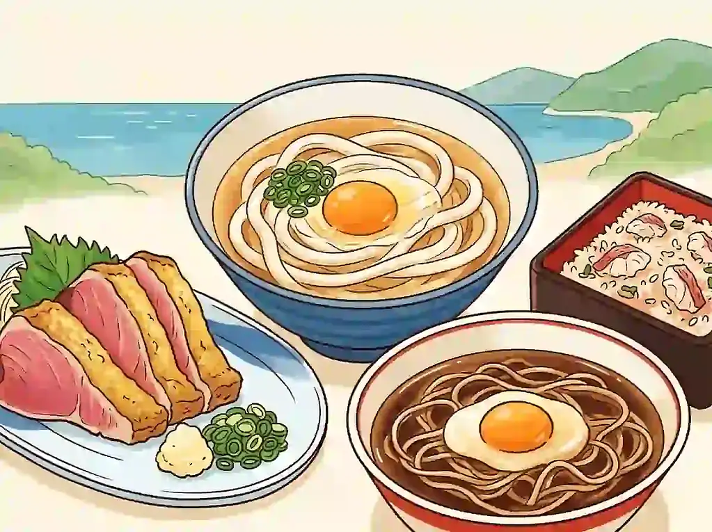 Delicious Japanese udon and soba bowls with eggs, served alongside grilled meat and rice.