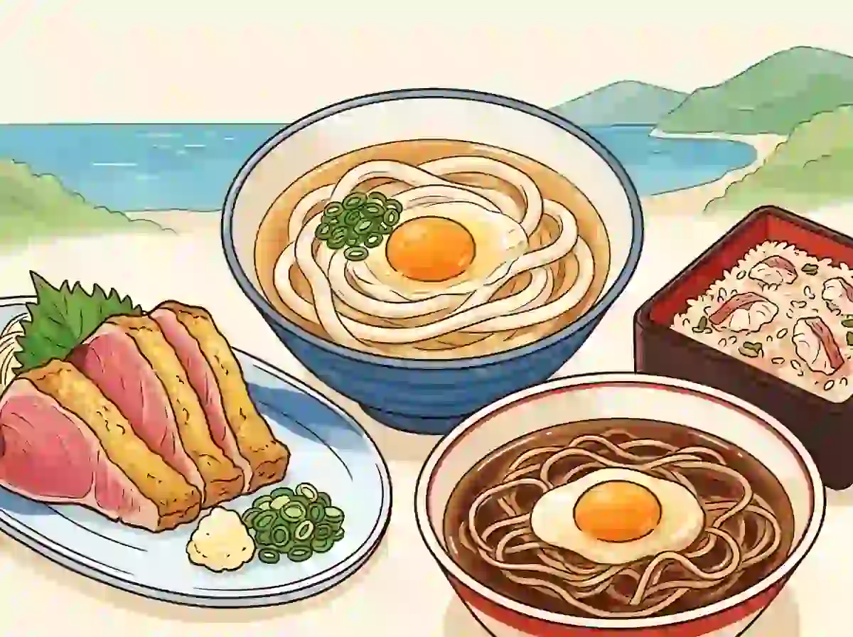Delicious Japanese udon and soba bowls with eggs, served alongside grilled meat and rice.