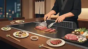 Chef cooking Japanese Teppanyaki steak on a hot grill with vegetables and sauces.