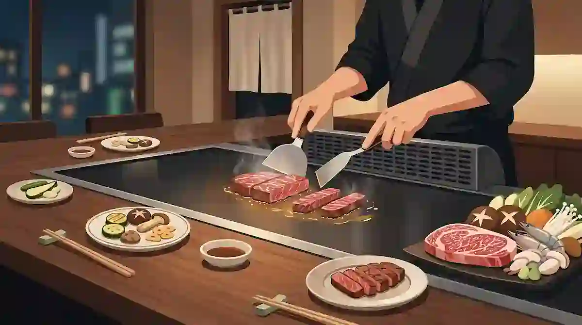 Chef cooking Japanese Teppanyaki steak on a hot grill with vegetables and sauces.