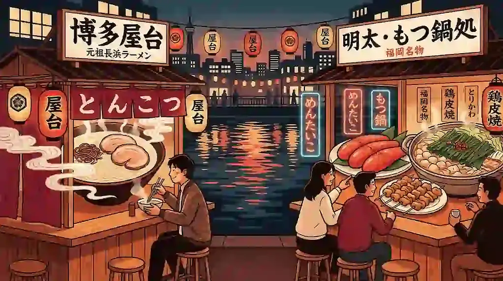 Traditional Fukuoka street food scene with ramen, seafood, and local delicacies.