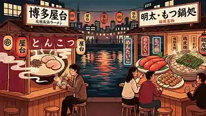 Traditional Fukuoka street food scene with ramen, seafood, and local delicacies.