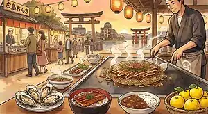 Authentic Japanese street food with seafood, noodles, and local dishes at a lively festival.