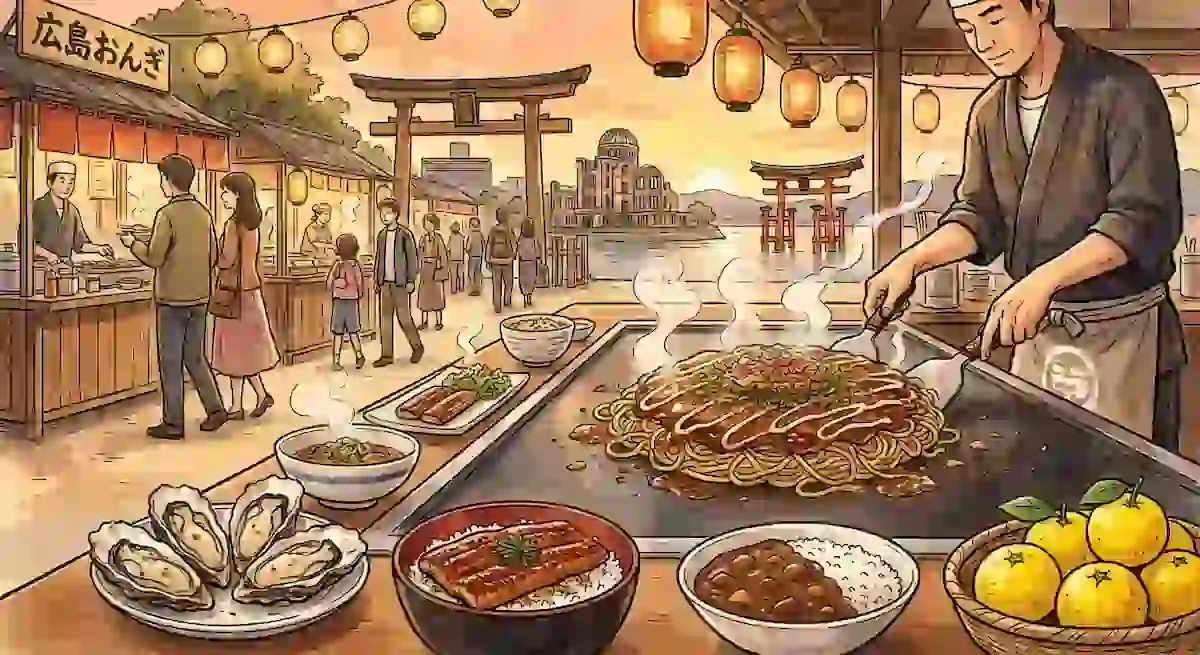 Authentic Japanese street food with seafood, noodles, and local dishes at a lively festival.