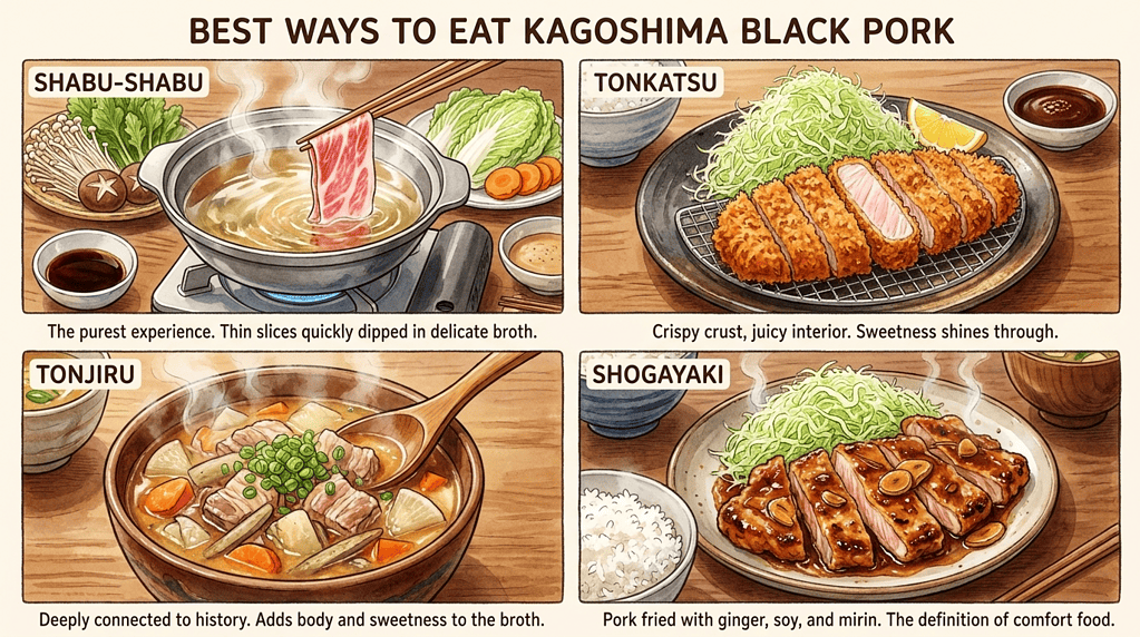 Delicious Kagoshima black pork dishes including shabu-shabu, tonkatsu, tonjiru, and shogayaki.