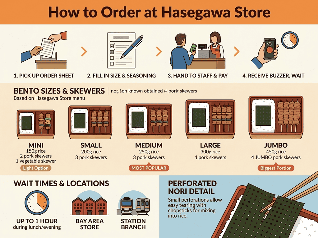Step-by-step guide to ordering Hakodate yakitori bento at Hasegawa Store.