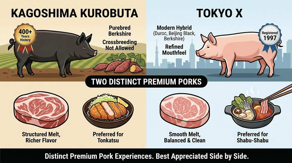 High-quality Kagoshima black pork, known for its rich flavor and tender texture. Perfect for premium.