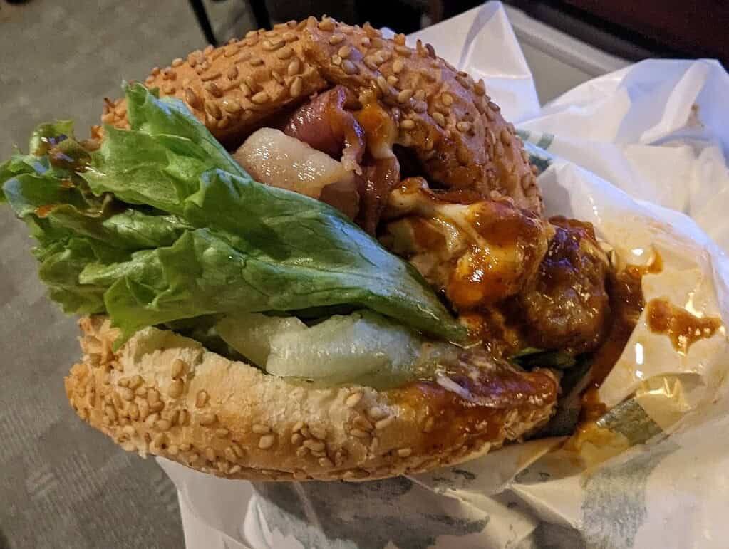 Delicious Japanese-style hamburger with fresh lettuce and savory toppings.