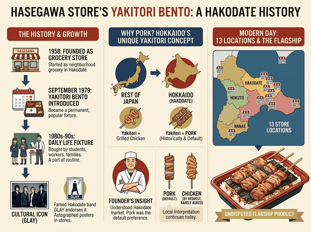 Japanese yakitori bento with grilled chicken skewers from Hakodate, Japan.