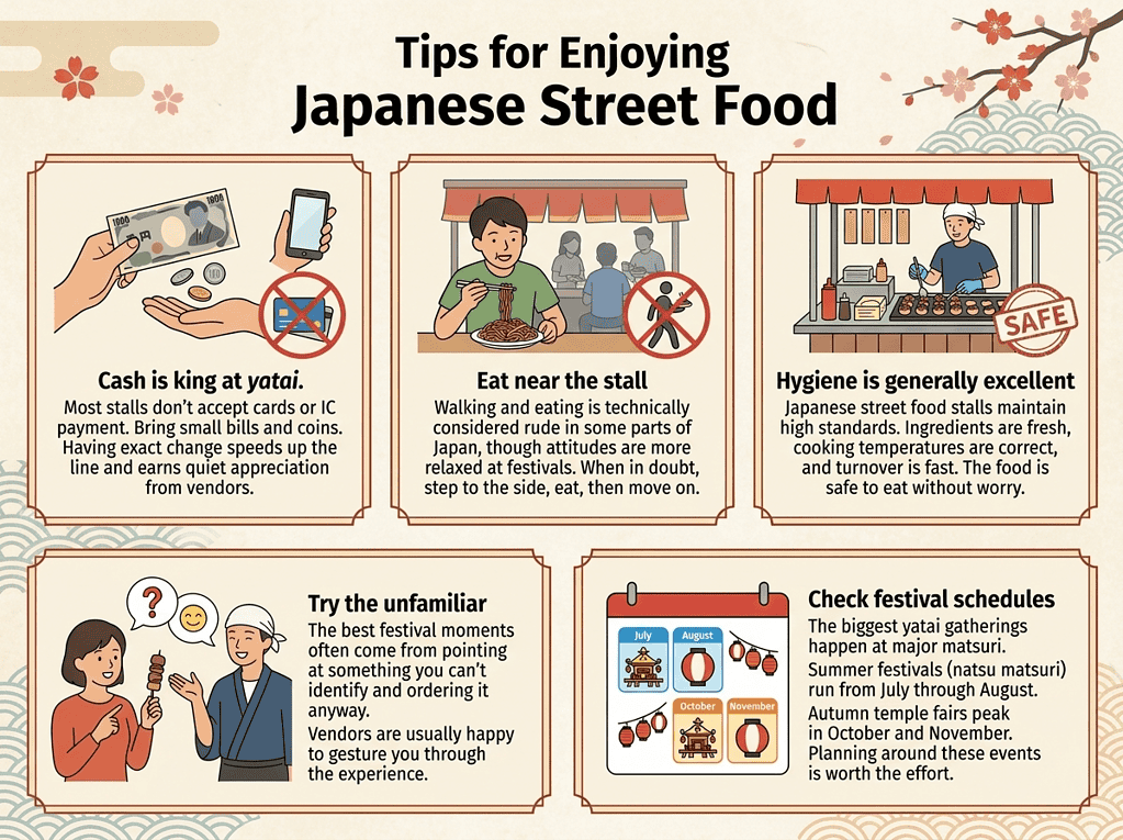 Traditional Japanese street food snacks in vibrant markets.