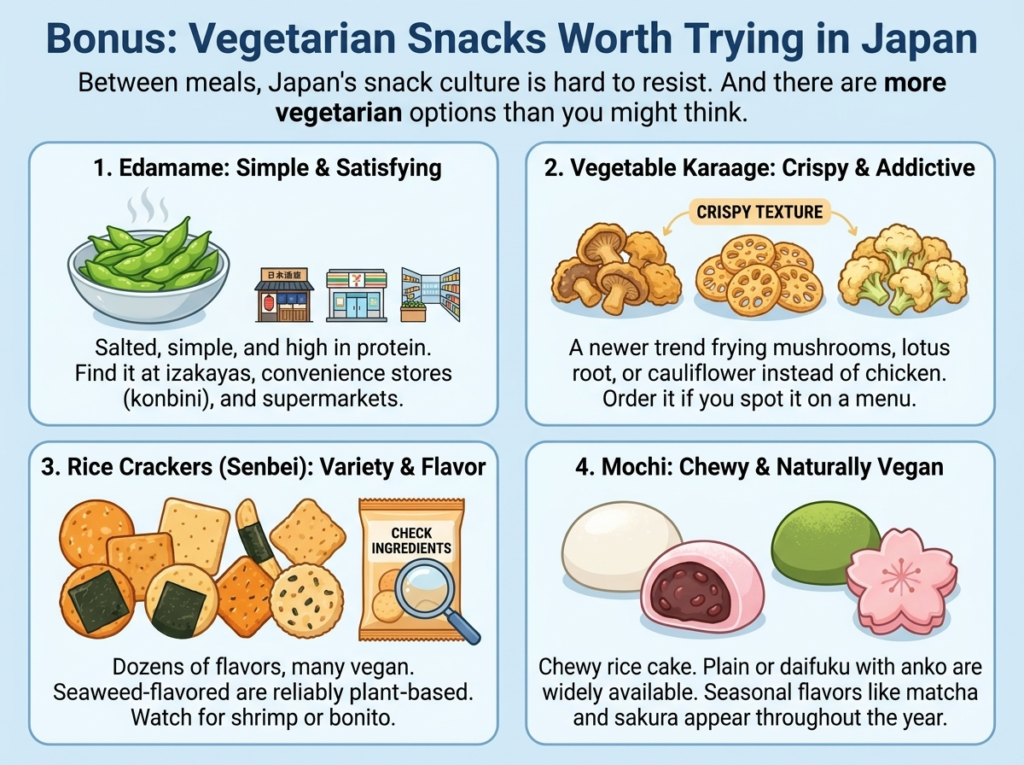 Delicious plant-based Japanese snacks including edamame, vegetable karaage, rice crackers, and mochi.
