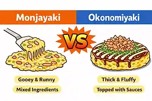 Monjayaki and Okonomiyaki differences in Japanese cuisine, ingredients, and texture.