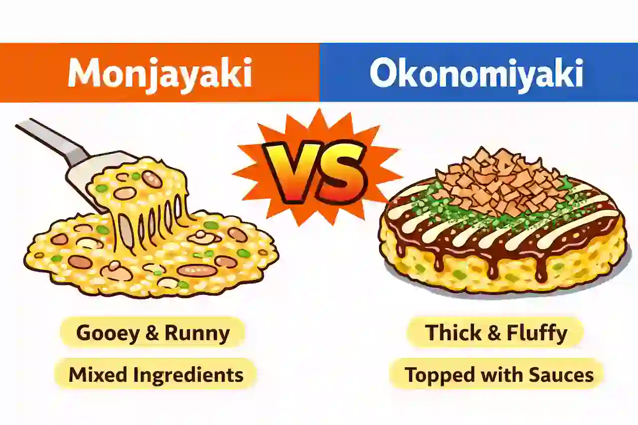 Monjayaki and Okonomiyaki differences in Japanese cuisine, ingredients, and texture.