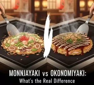 Monjayaki and Okonomiyaki cooking on teppan grill in Japan.