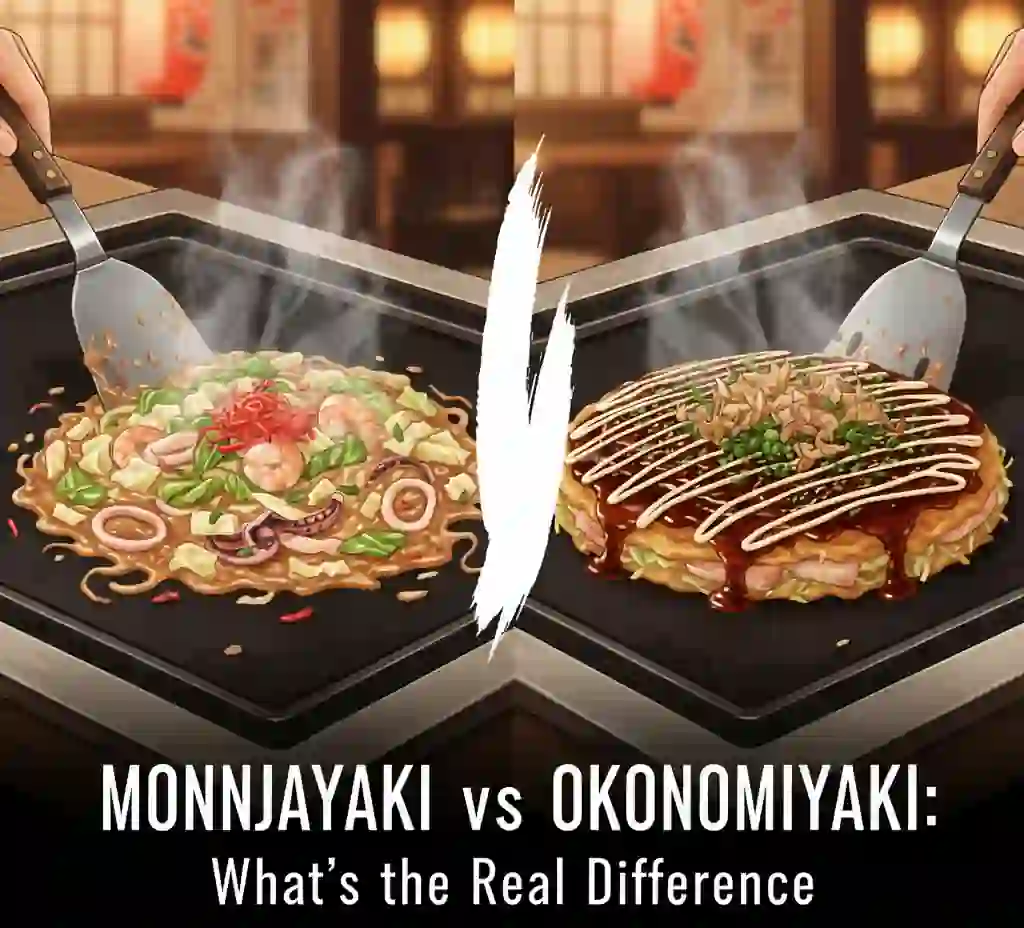 Monjayaki and Okonomiyaki cooking on teppan grill in Japan.