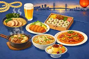 Yokohama sushi, ramen, tempura, and Japanese dishes with city skyline background.