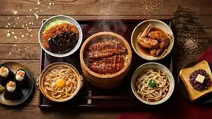 Traditional Japanese eel and noodle dishes served in Nagoya, Japan.