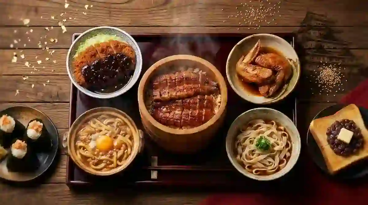 Traditional Japanese eel and noodle dishes served in Nagoya, Japan.