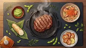 Juicy grilled steak served with traditional Japanese sides and condiments.