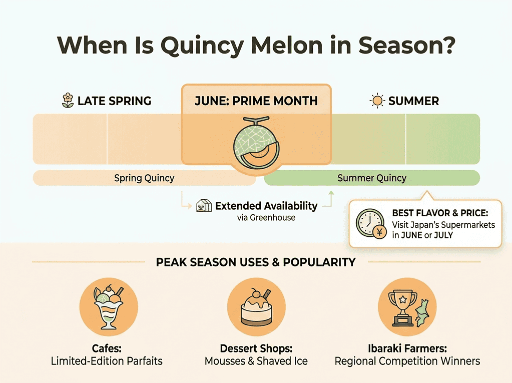 Quincy melon, a popular seasonal fruit in Japan, available mainly in June during peak summer months.