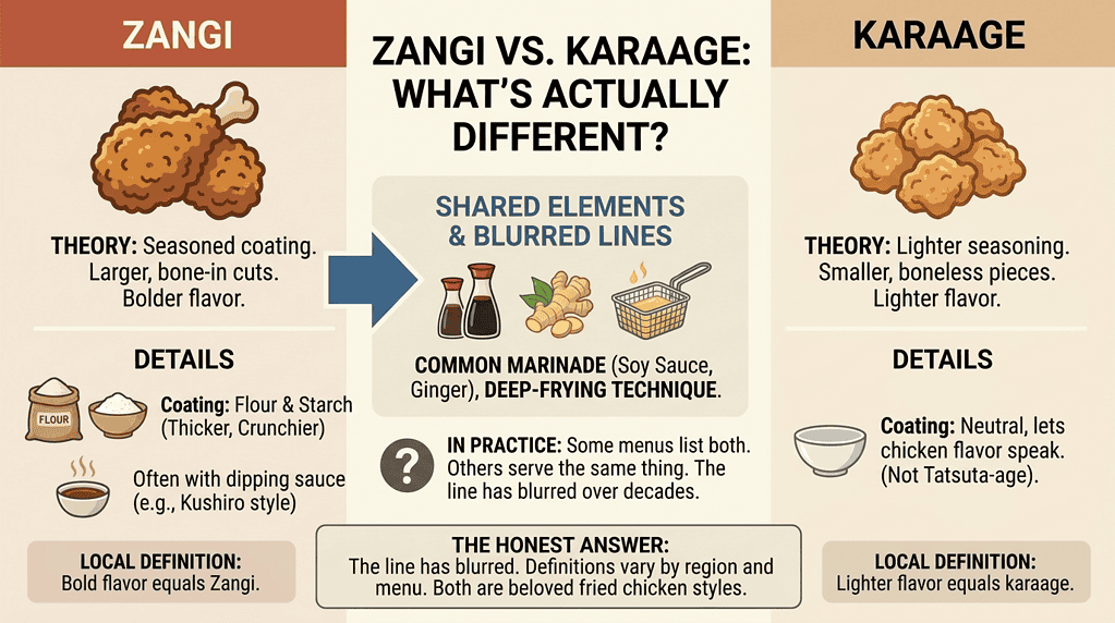 Crispy Zangi fried chicken with seasoned coating and bold flavor in Japan.