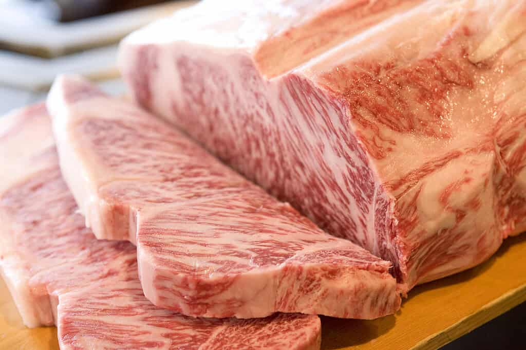 Premium Maesawa Beef, high-quality Japanese Wagyu with marbling.