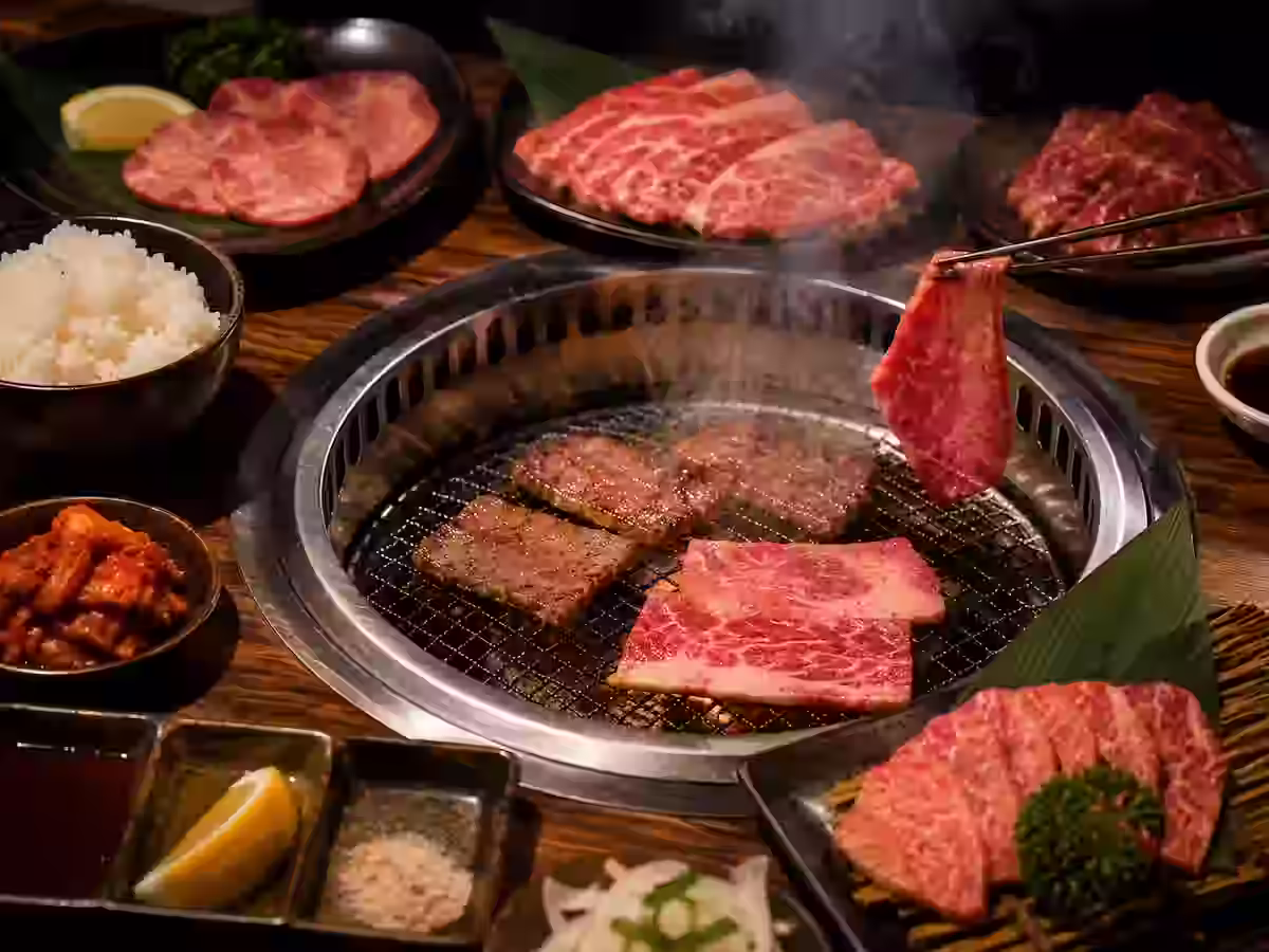 Japanese yakiniku table grill with beef, rice, kimchi, sauce, and chopsticks