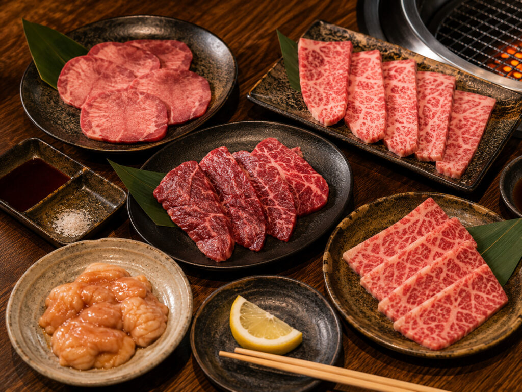 Different yakiniku cuts including karubi, harami, gyutan, rosu, and horumon