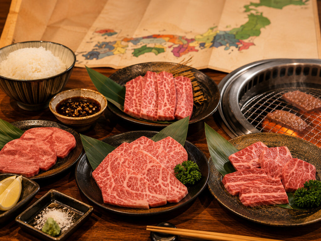 Regional Japanese wagyu beef plates served at a yakiniku table