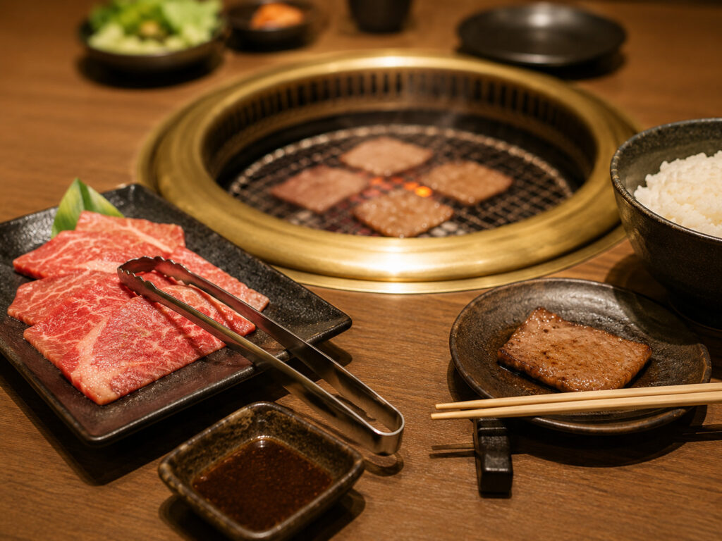 Yakiniku etiquette scene showing tongs for raw meat and chopsticks for cooked bee
