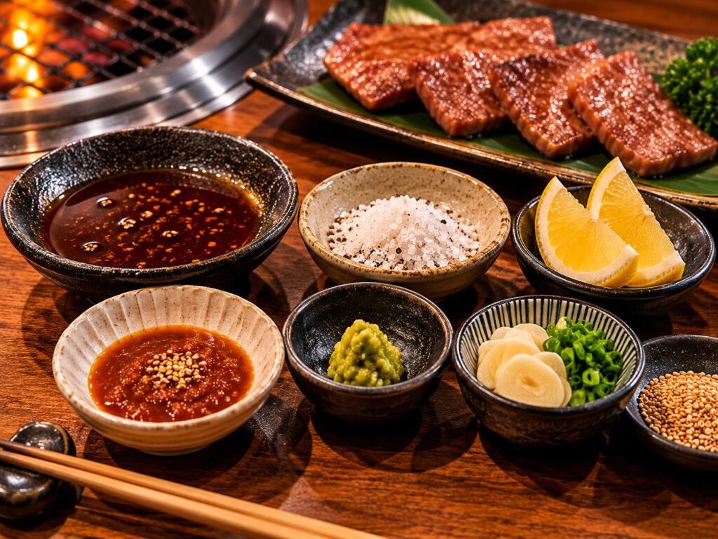 Yakiniku sauces and seasonings including tare, salt, lemon, wasabi, and miso sauce