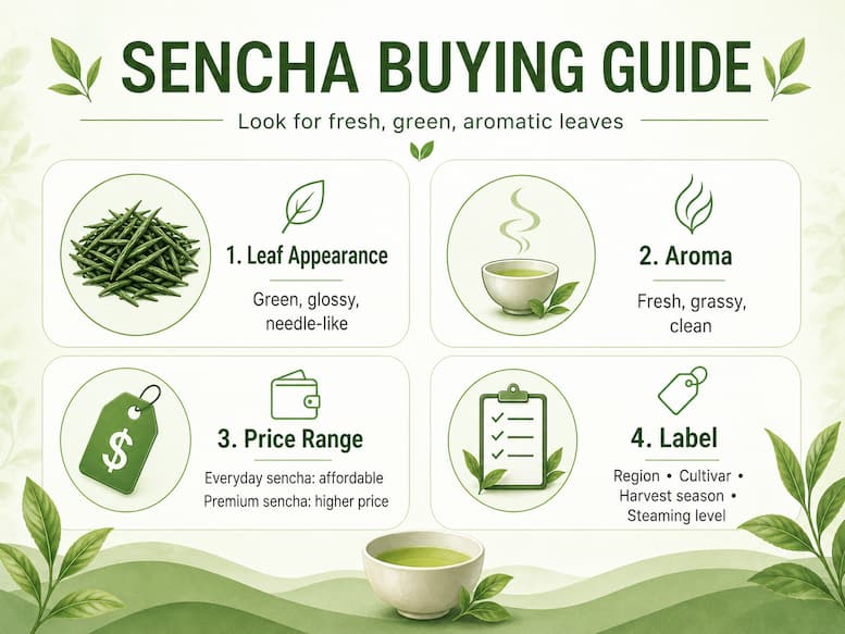 Japanese green tea buying guide with leaves, teapot, and cup.