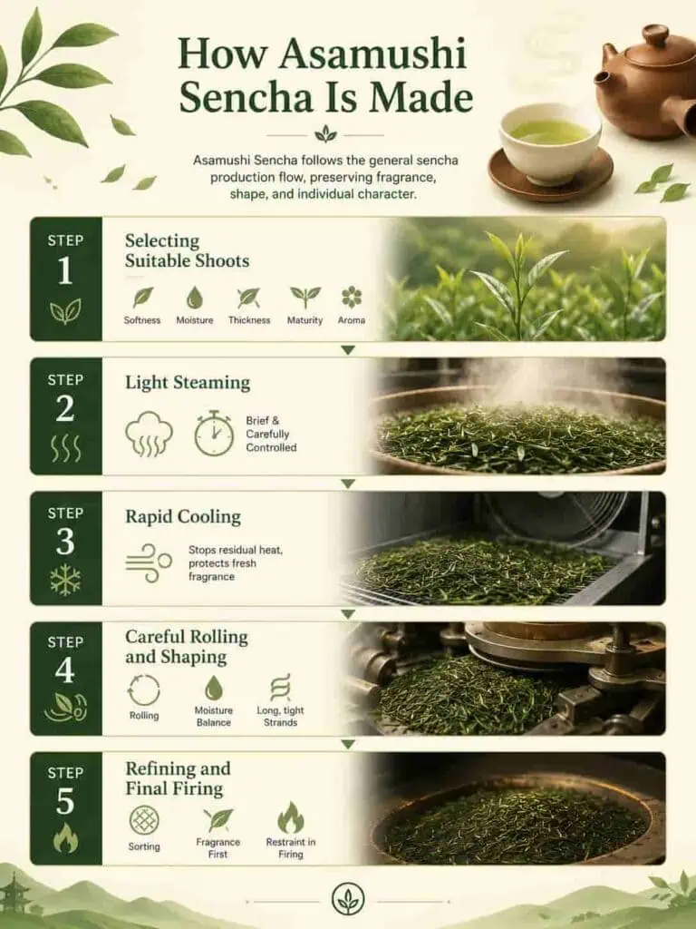 Traditional Japanese Asamushi Sencha tea being prepared with steaming and rolling process.