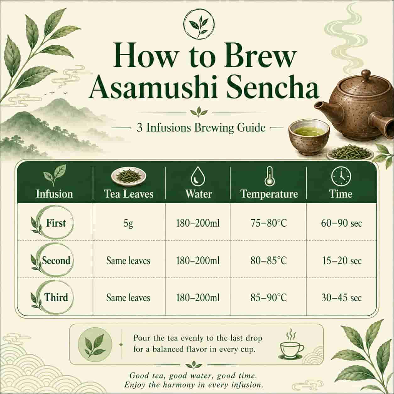 Guide on brewing Asamushi Sencha with steps for infusion, temperature, and time.