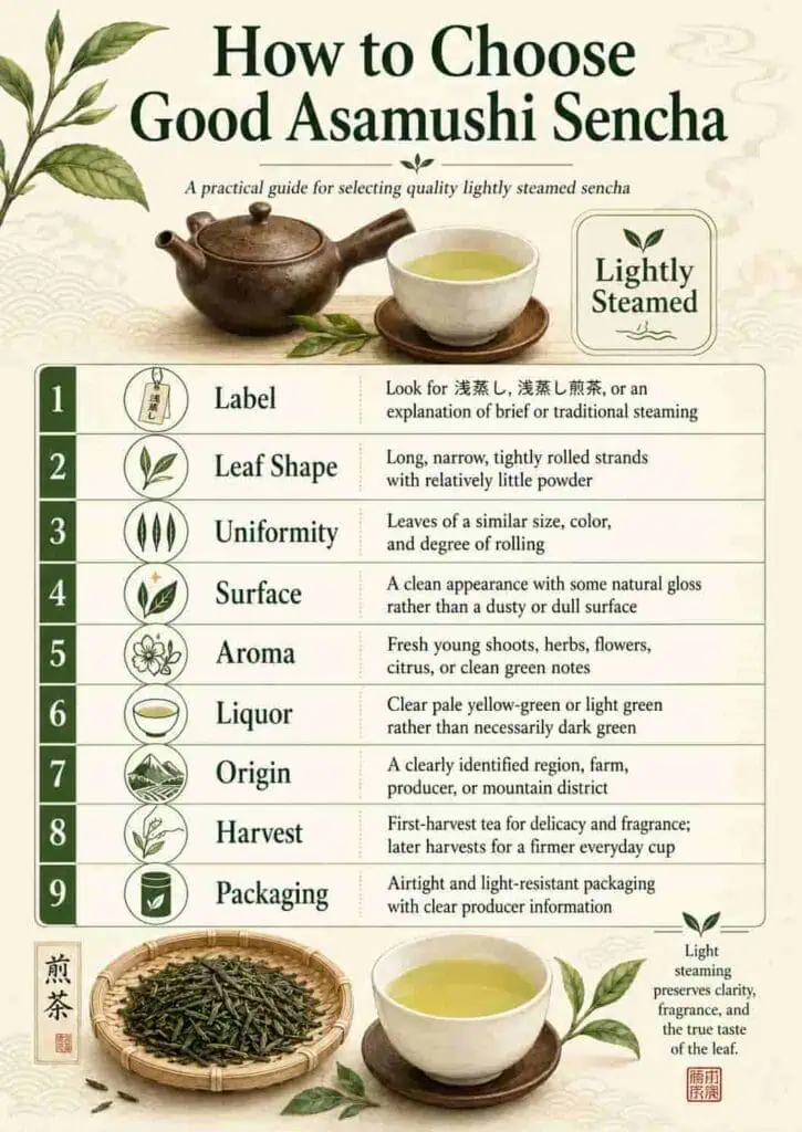 Guide to choosing high-quality Asamushi Sencha tea with tips on leaf shape, aroma, and origin.