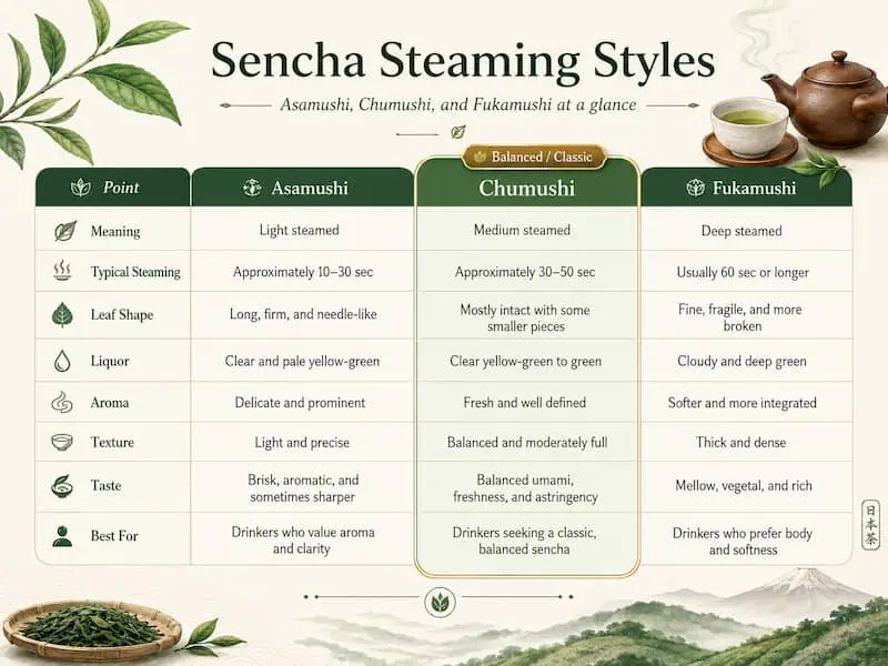 Guide to Sencha steaming styles: Asamushi, Chumushi, Fukamushi.