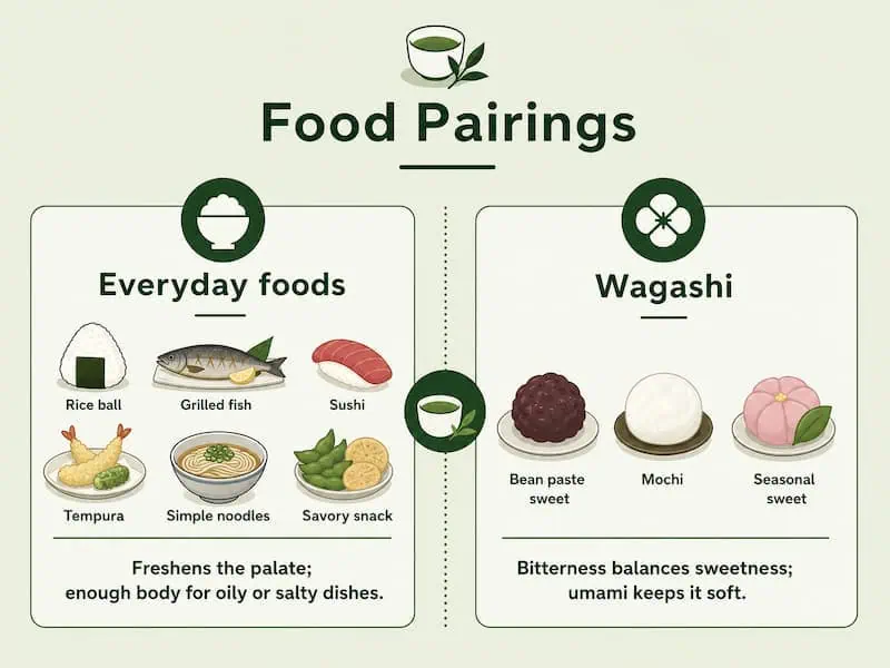 Food pairing chart with Japanese dishes and sweets for Fukamushi Sencha.