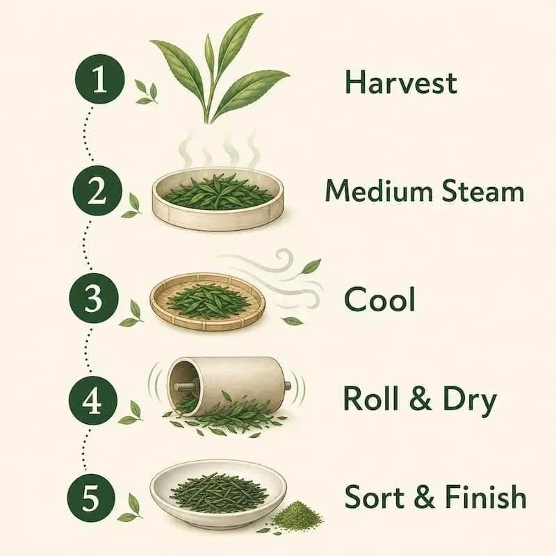 Step-by-step process of preparing Japanese tea from harvest to finish.