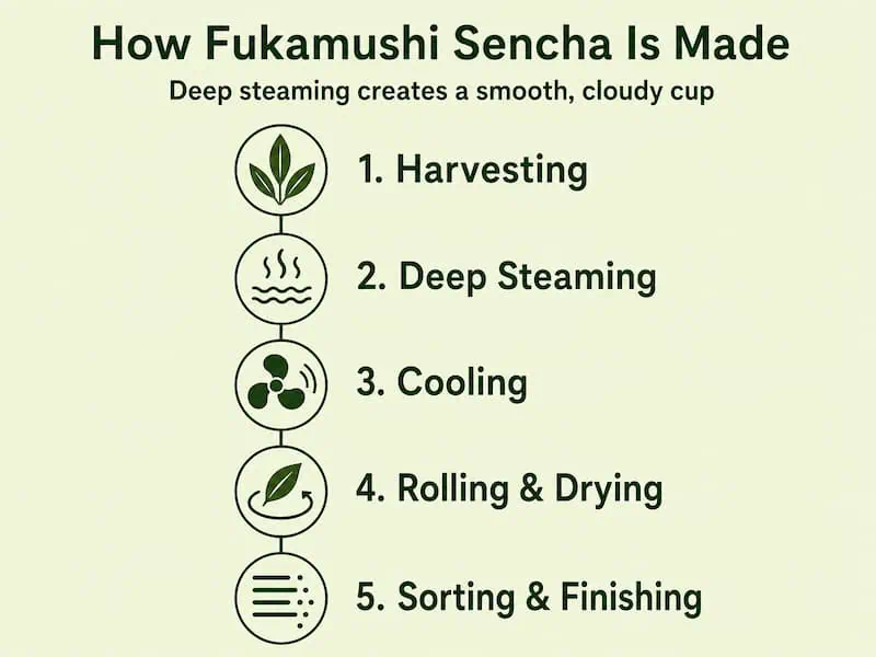 Diagram showing the steps to make Fukamushi Sencha tea with icons for each stage.