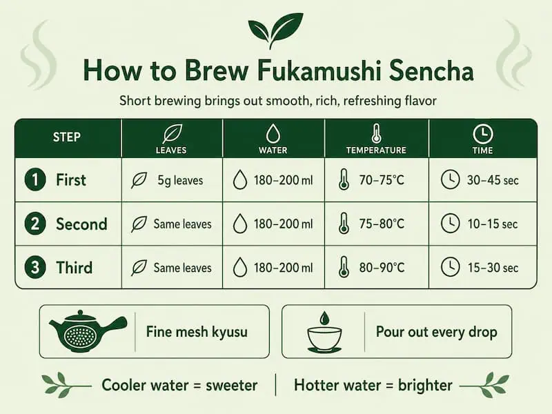 Guide to brewing Fukamushi Sencha with detailed steps and optimal temperature and time.