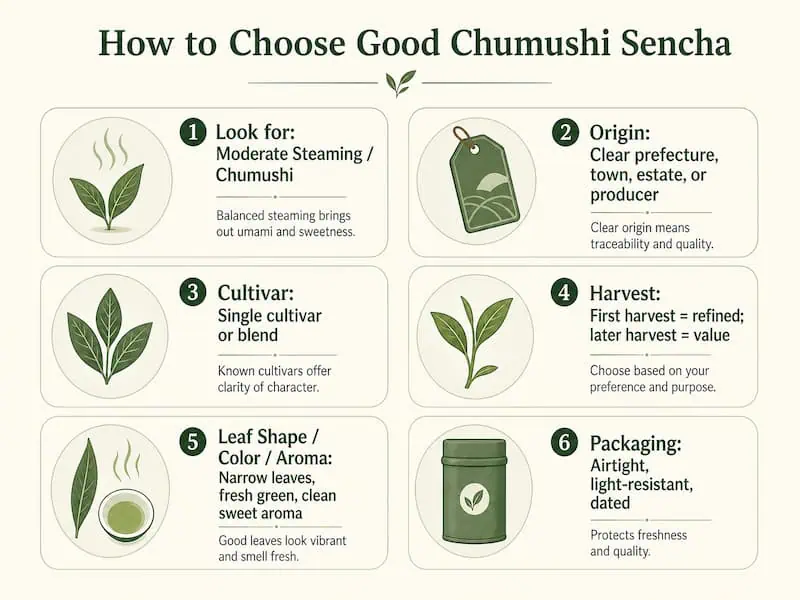 Guide to choosing Chumushi Sencha with tips on steaming, origin, cultivation, harvest, leaf shape, &.