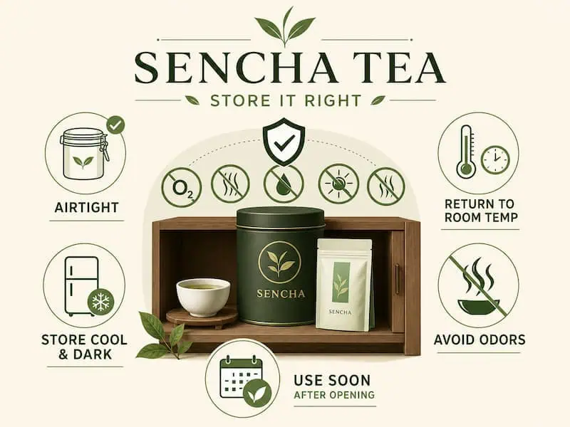 Sencha tea packaging with brewing instructions and benefits icons.