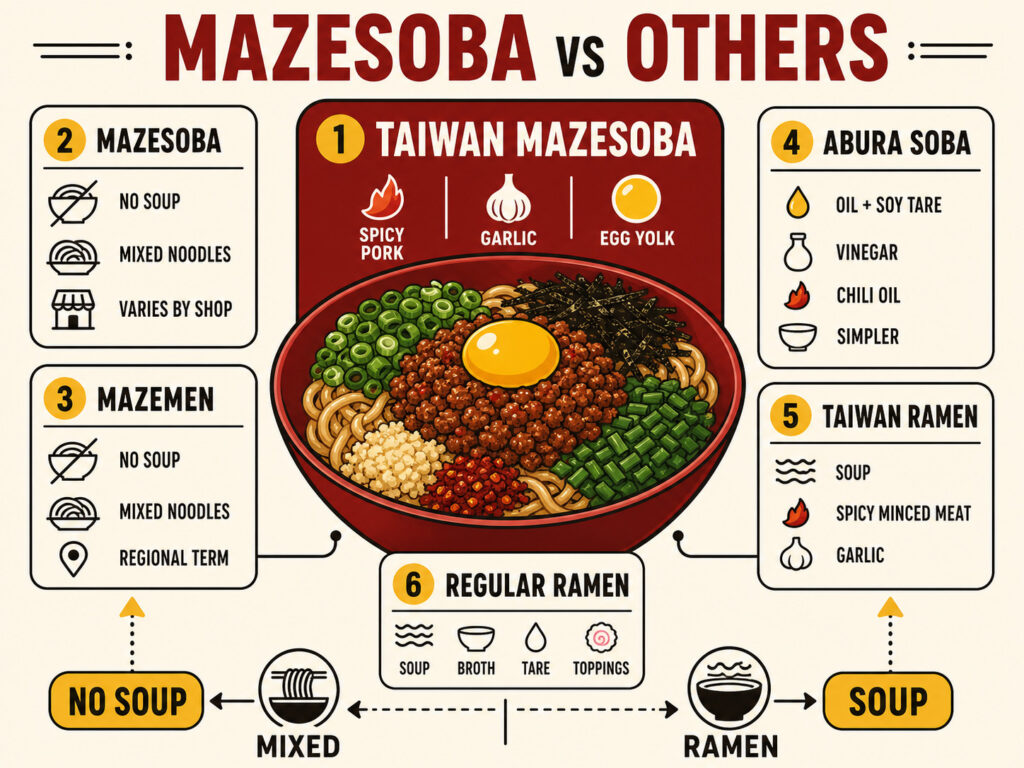 Mazesoba vs Abura Soba, Mazemen, and Taiwan Ramen